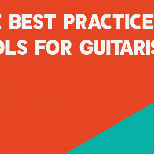 Guitar player on stage holding guitar in front of orange background with text reading "the best practice tools for guitarists"